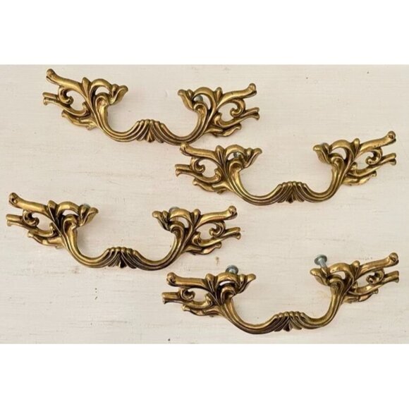 4 Classic Vintage Brass Drawer French Provincial Handles 6.25" L  2.75 Spread - Picture 6 of 7